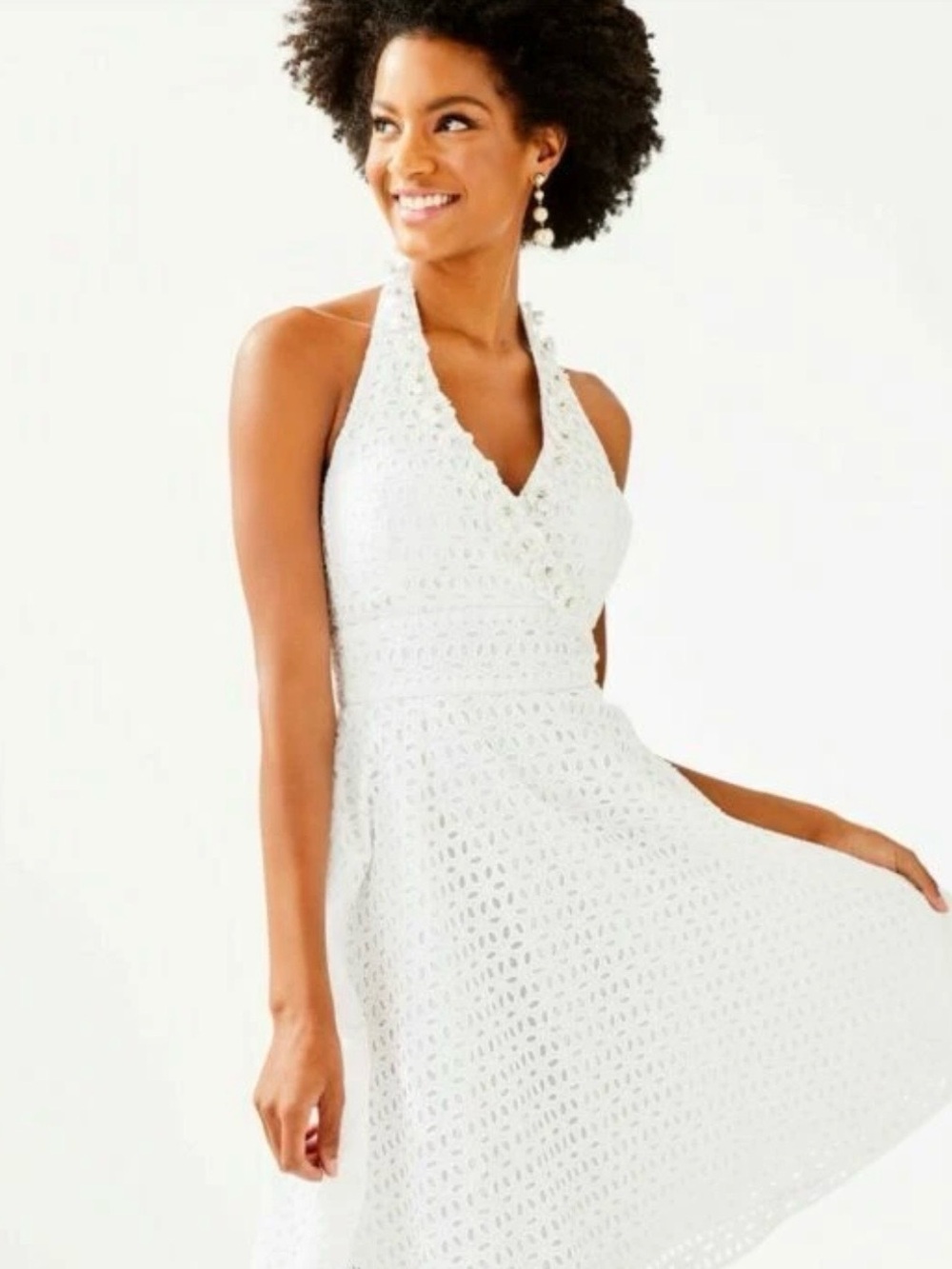 White Lilly Pulitzer Halter Dress Resort White Oval Flower Petal Eyelet 6